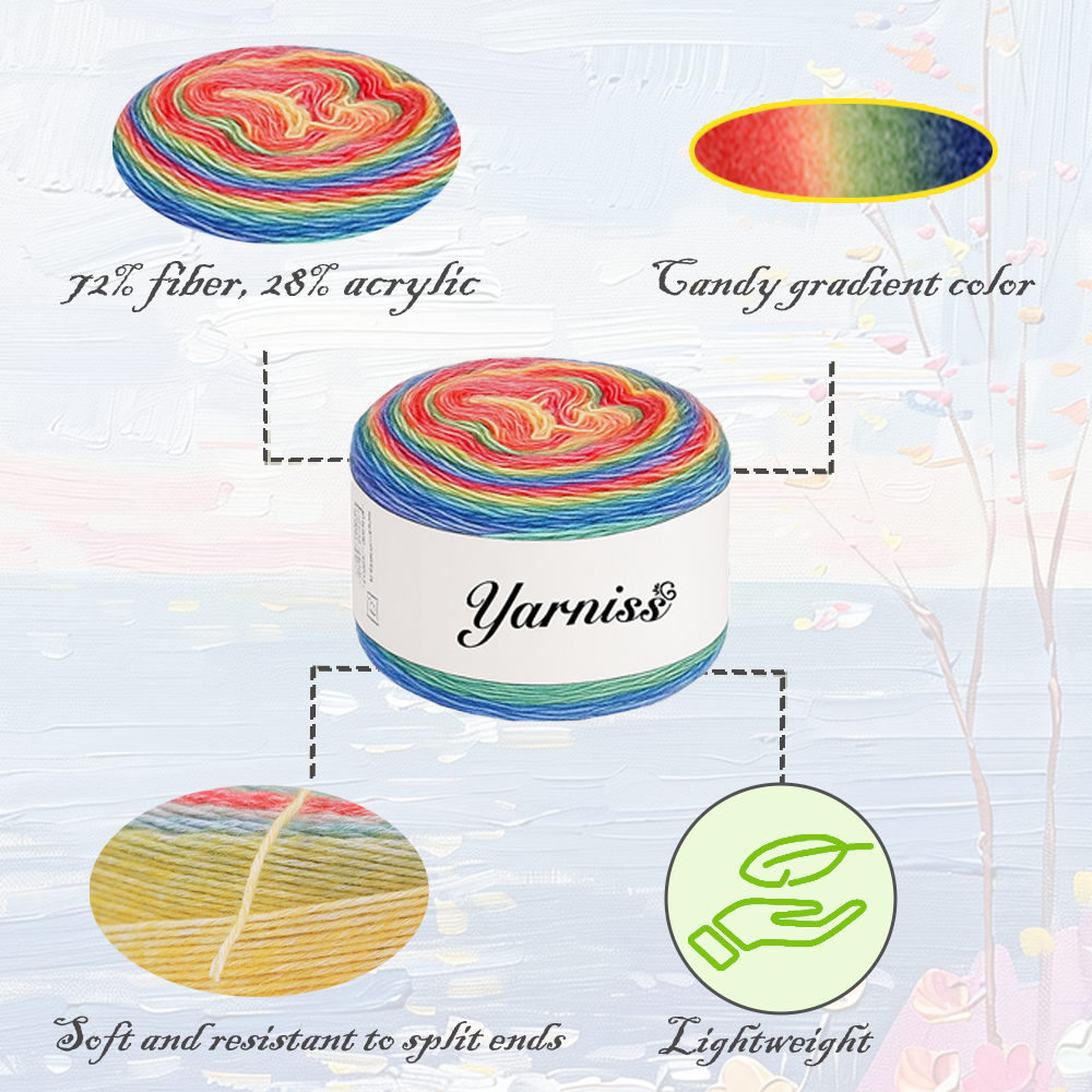 Yarniss Crochet Cake Yarn for Knitting, Gradient-Colored Ombre Yarn for Blanket&Shawl, Rainbow Cotton Yarn 2x150g