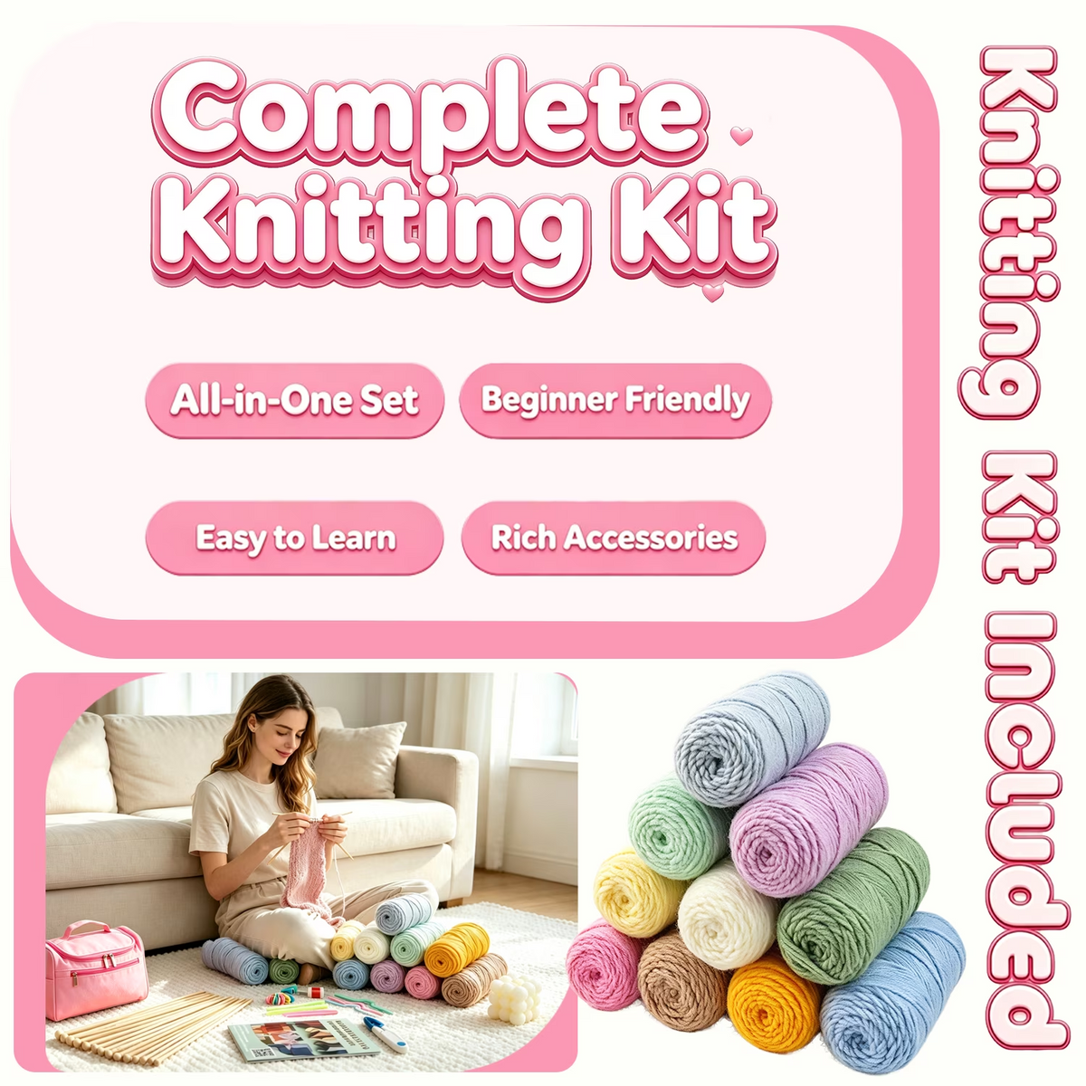 Yarniss Complete Knitting Kit for Beginners, Bamboo Knitting Needles Set 3.75mm-7mm, 10 yarn balls, Storage Case & Full Accessories, All-in-One Knitters Gift for Adults