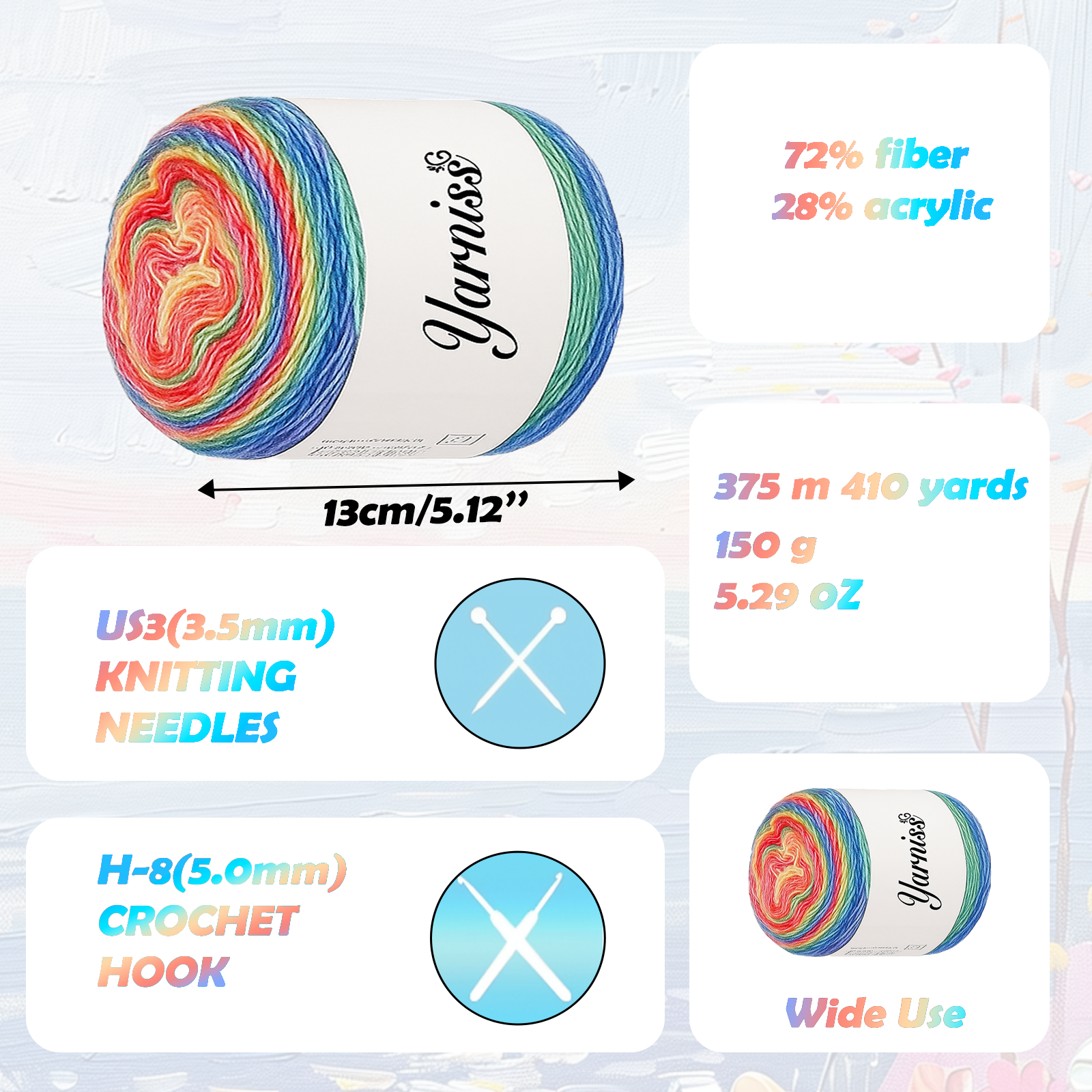 Yarniss Crochet Cake Yarn for Knitting, Gradient-Colored Ombre Yarn for Blanket&Shawl, Rainbow Cotton Yarn 2x150g