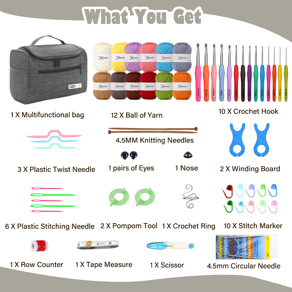 Yarniss Crochet Kit for Beginners - 840 Yards Crochet Yarn and 14 Sizes (2.0-10.0mm) Ergonomic Hooks with Organizer Bag, All Inclusive Crocheting & Knitting Set for Adults
