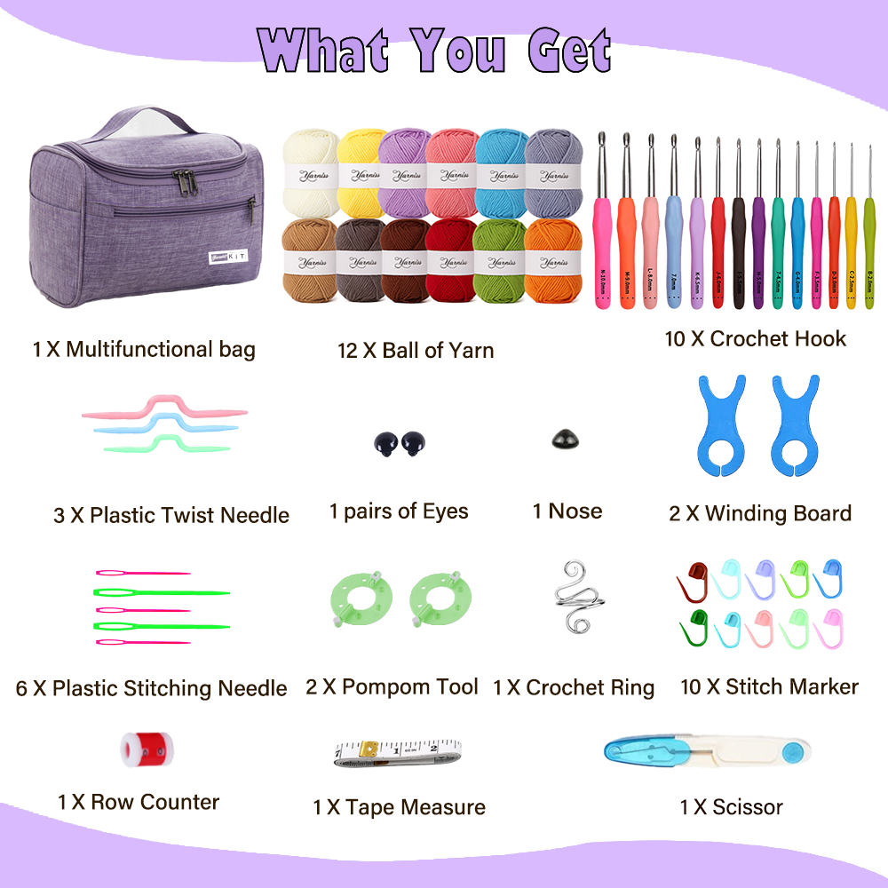 Yarniss Crochet Kits for Beginners with Instruction, All-Inclusive Crochet Set Include 840 Yards Yarn&14 Sizes Crochet Hooks, Crocheting Kit for Adult with Bag,Purple