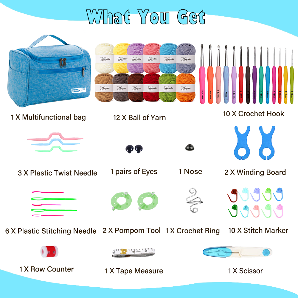 Yarniss Crochet Kits for Beginners - 840 Yards Yarn for Crocheting with 14 Size Hooks 2.0-10.0mm,Learn to Crochet Set with Bag&Accessories,Turquosie