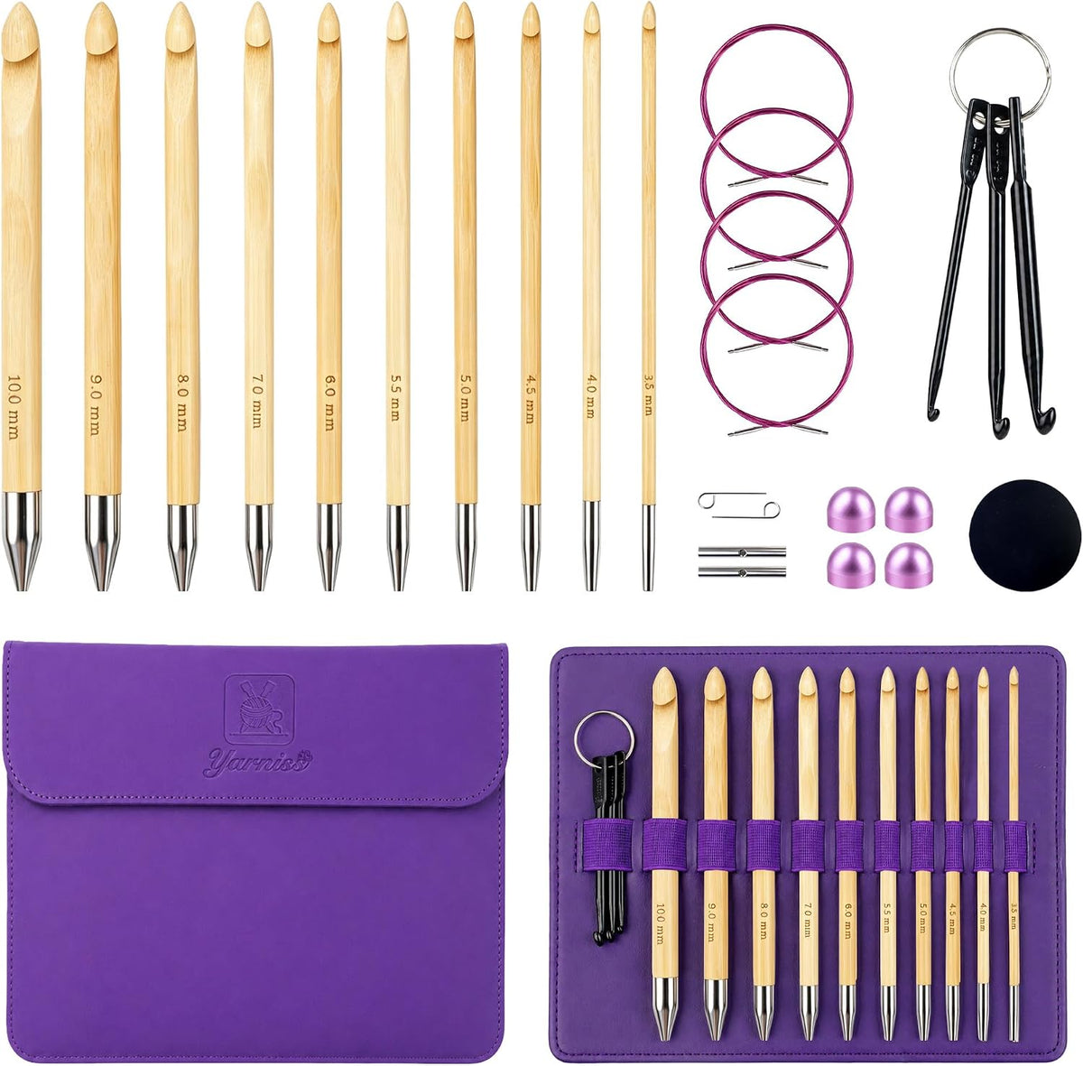 Yarniss Tunisian Bamboo Crochet Hook Set with Swivel Cable 3.5mm-10.0mm, Interchangable Crochet Hooks with Cord for Beginner, Grochet Gift with Case