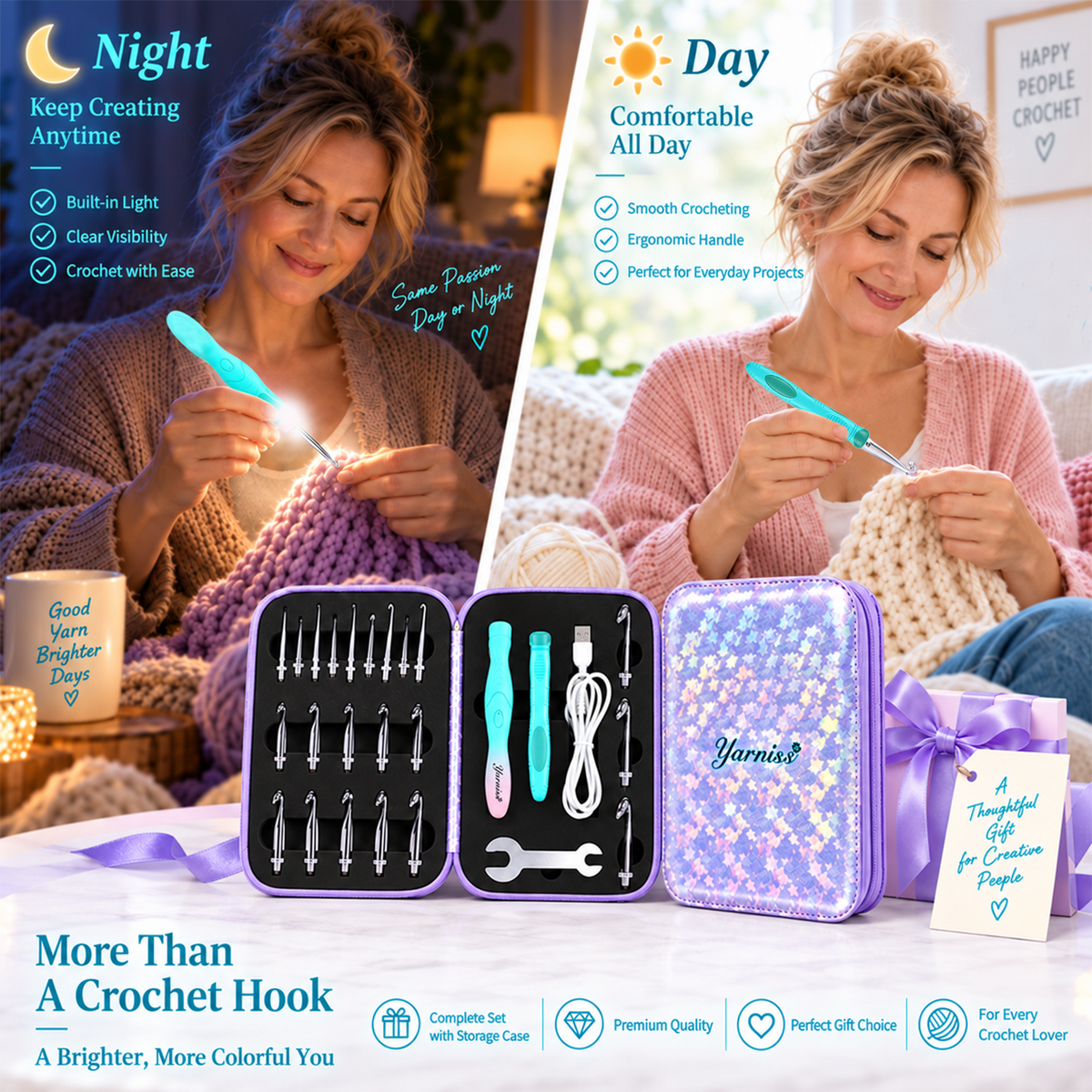 Yarniss Lighted Crochet Hooks Set with Copper Screw Knob Handle, Light Up Metal Crochet Hooks with Ergonomic Handle