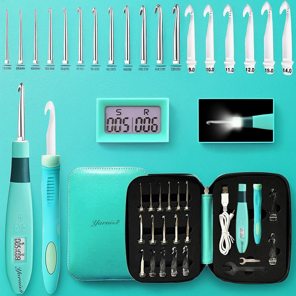 Yarniss 18 Size Counting Crochet Hooks with Light, Digital Counter Crochet Hooks Set with Case (2.0mm~14.0mm)