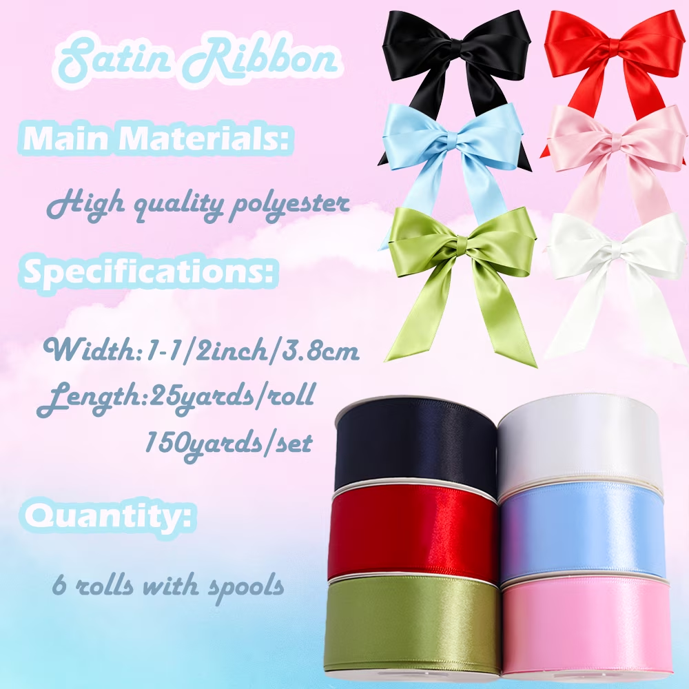 Yarniss Satin Ribbon 1-1/2 Inch, 6 Rolls 150 Yards Solid Fabric Ribbon, Ribbon for Gift Wrapping Bouquets Wedding Crafts