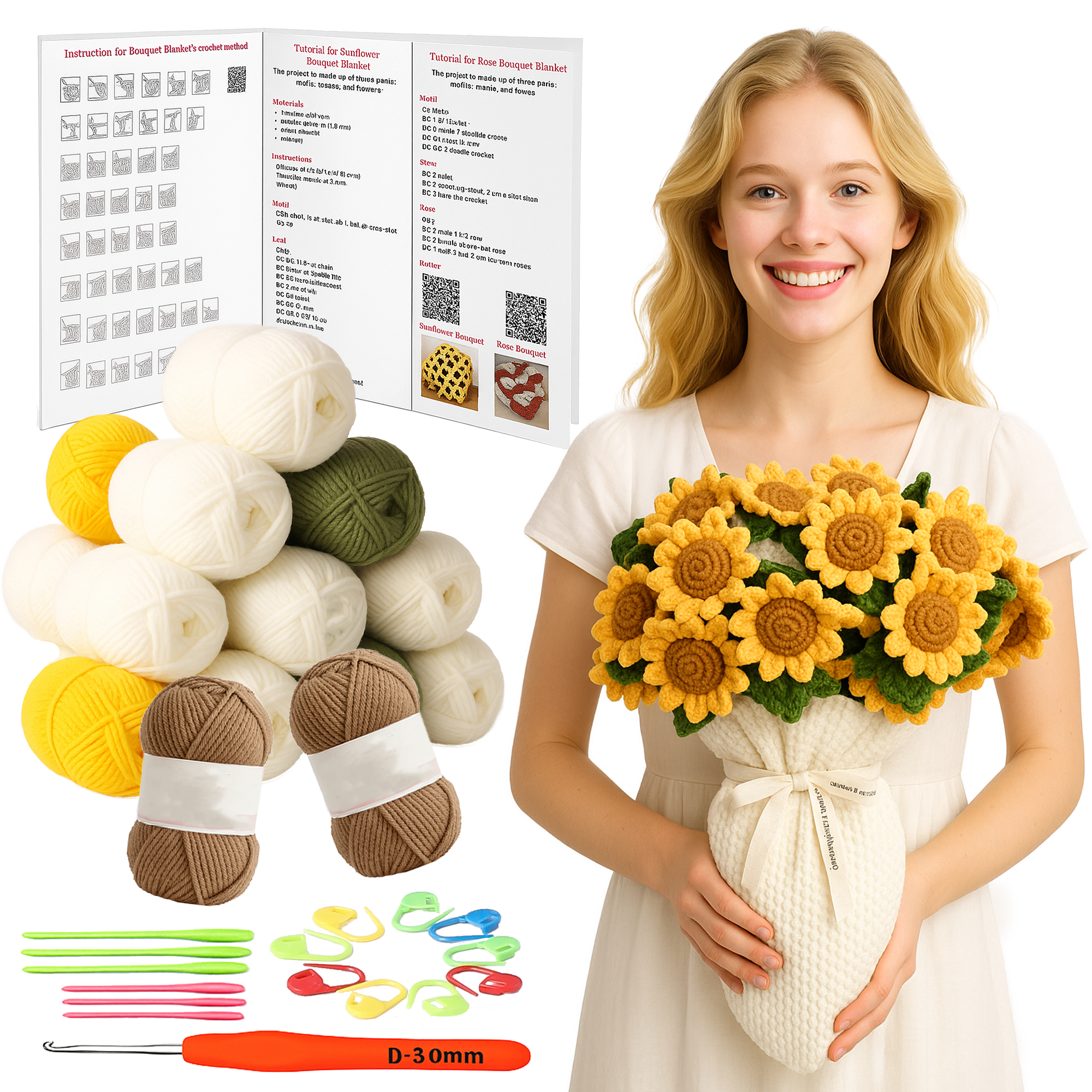 Yarniss Crochet Kit for Blanket, Sunflower Blanket Kit with Instruction & Step-by-Step Video Tutorial, Floral Blanket Set for Beginner