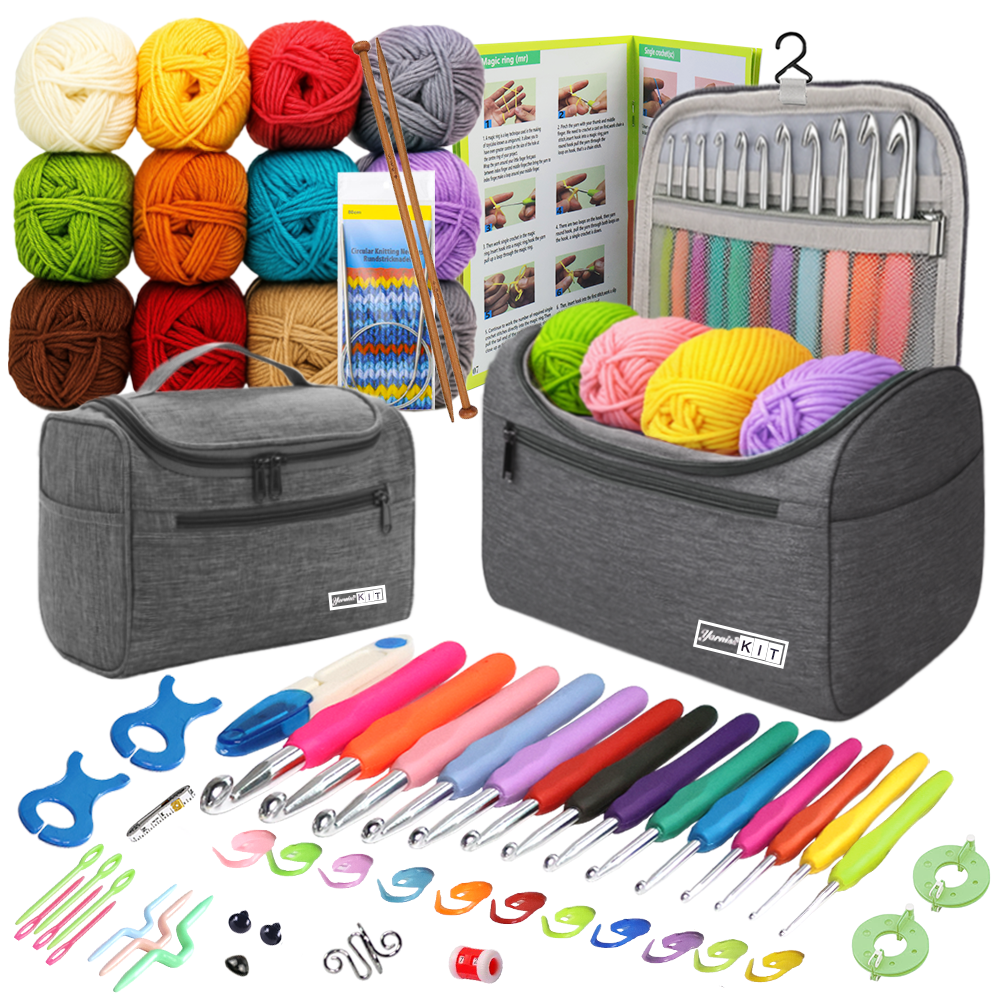 Yarniss Crochet Kit for Beginners - 840 Yards Crochet Yarn and 14 Sizes (2.0-10.0mm) Ergonomic Hooks with Organizer Bag, All Inclusive Crocheting & Knitting Set for Adults