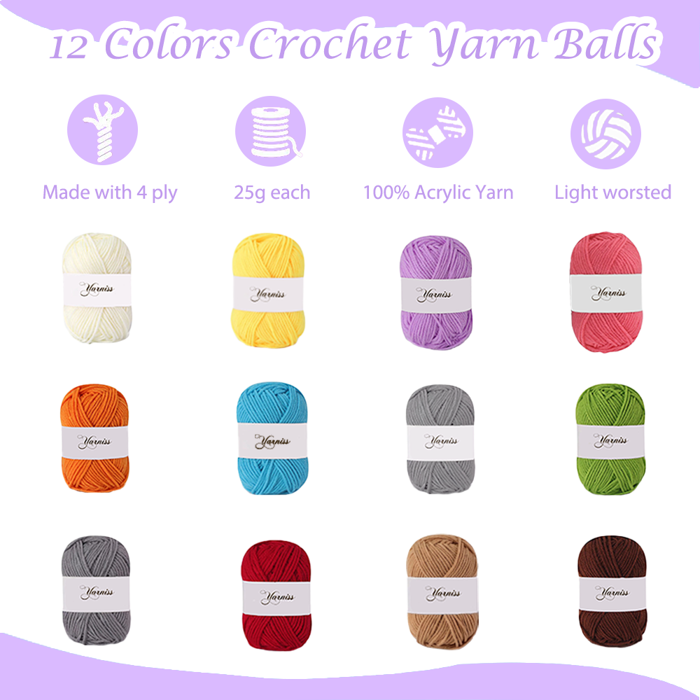 Yarniss Crochet Kits for Beginners with Instruction, All-Inclusive Crochet Set Include 840 Yards Yarn&14 Sizes Crochet Hooks, Crocheting Kit for Adult with Bag,Purple