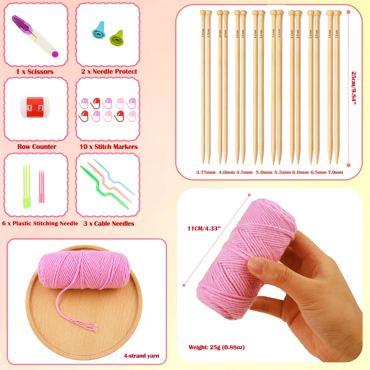 Yarniss Complete Knitting Kit for Beginners, Bamboo Knitting Needles Set 3.75mm-7mm, 10 yarn balls, Storage Case & Full Accessories, All-in-One Knitters Gift for Adults