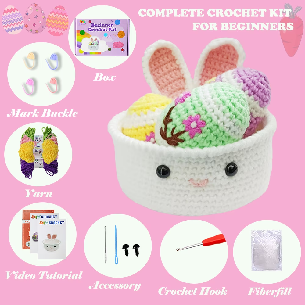 Yarniss Crochet Kit for Beginners,Crochet Starter Kits for Adults Amigurumi Craft Knitting Crocheting Kits with Step-by-Step Video Tutorials-Eggs & Basket