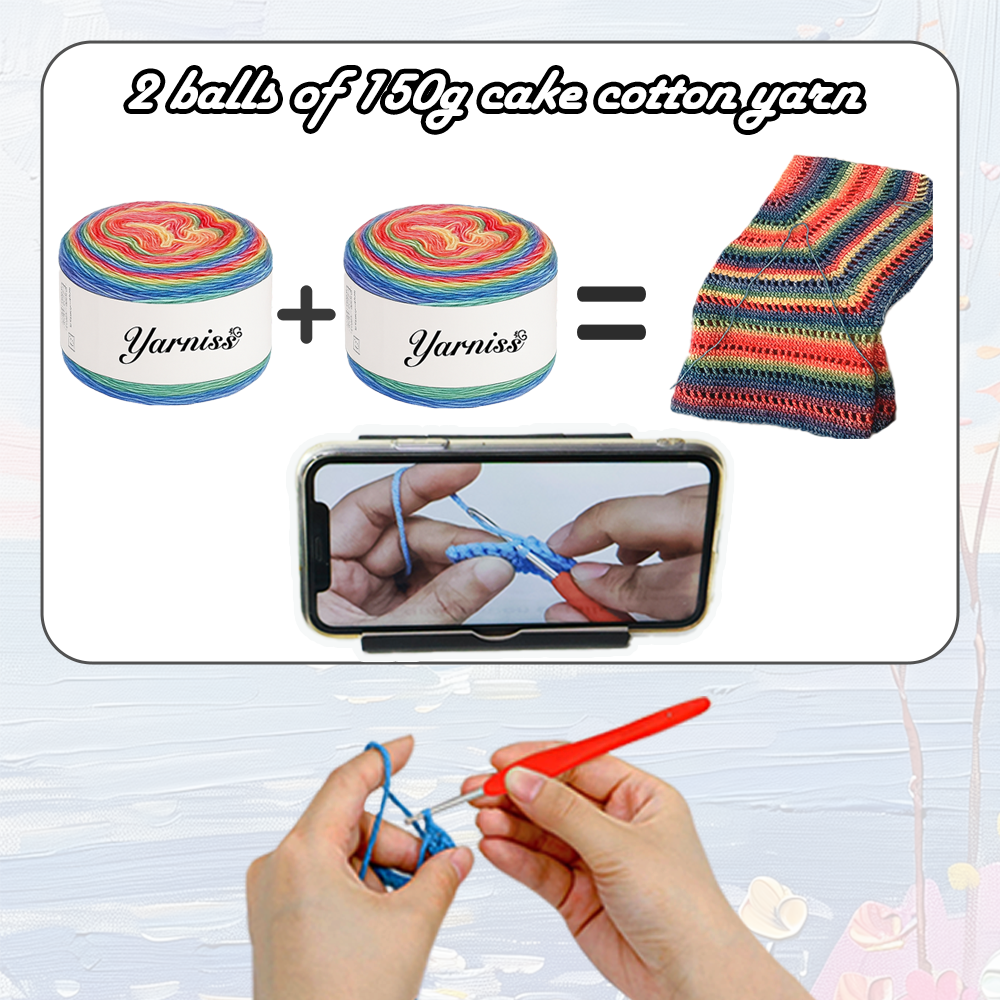 Yarniss Crochet Cake Yarn for Knitting, Gradient-Colored Ombre Yarn for Blanket&Shawl, Rainbow Cotton Yarn 2x150g