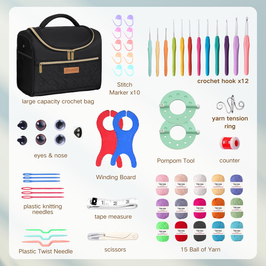 Yarniss Crochet Kit for Beginners with a Crochet Instruction,12 Ergoromic Crochet Hooks,15 Assorted Colors Yarn Balls and Crochet Accessories Set